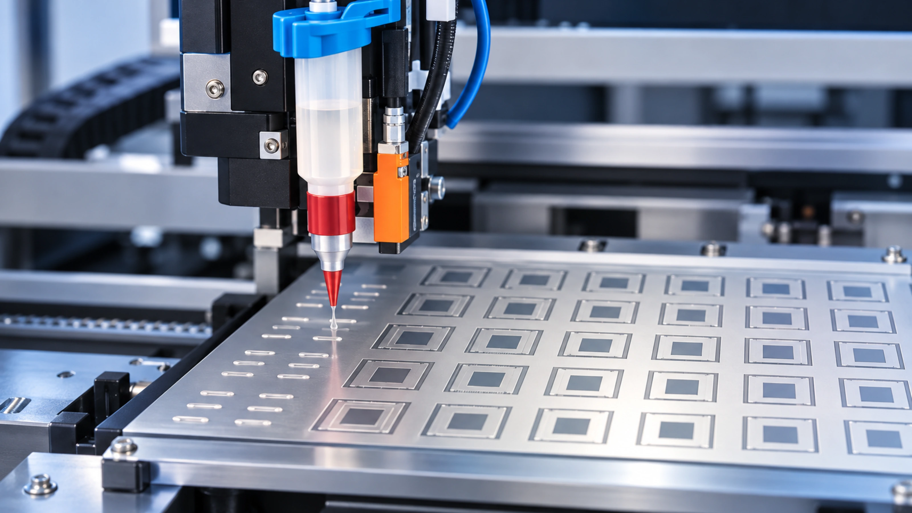 Machine vision inspects flux presence and application consistency after flux jetting.