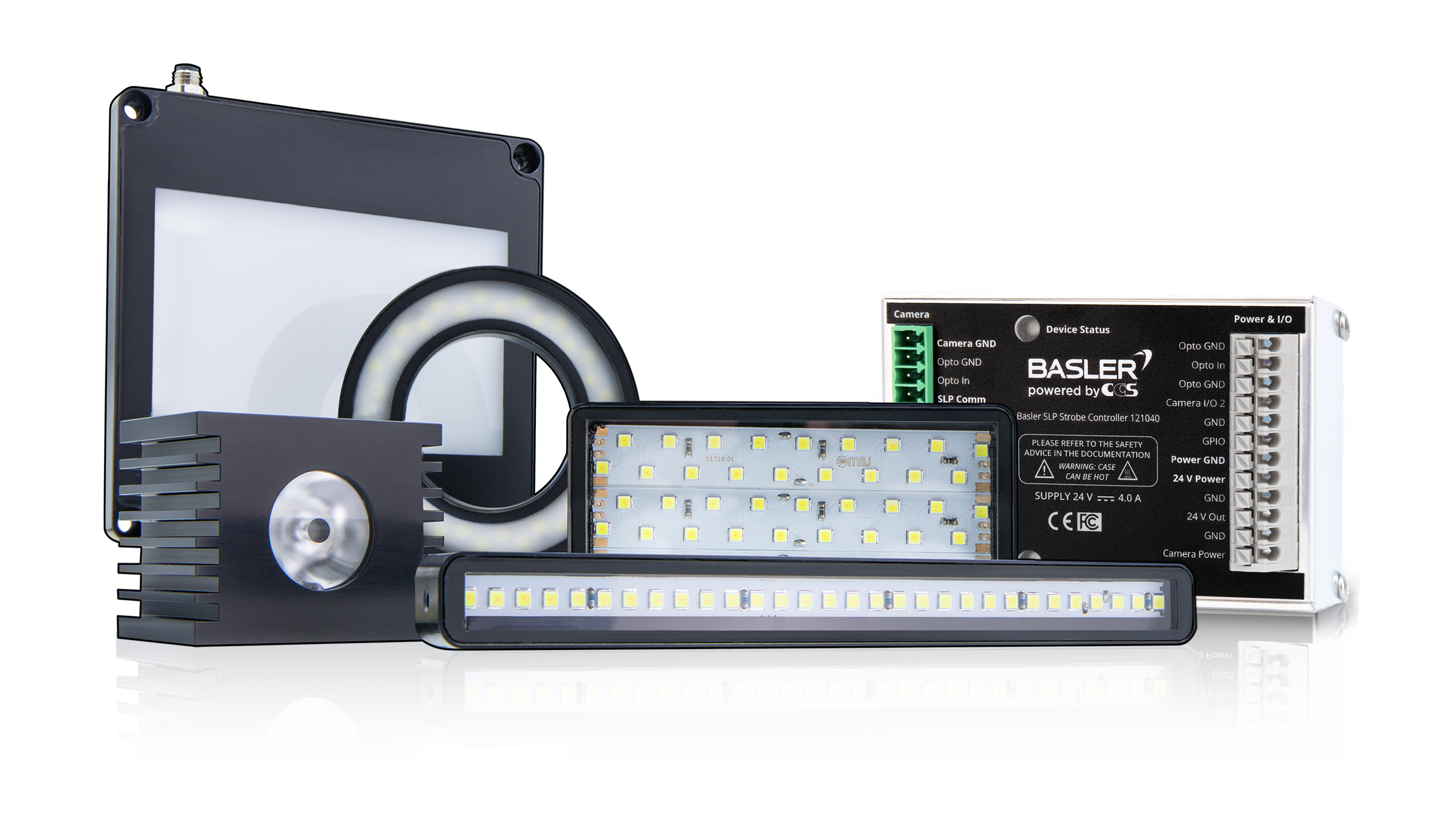 Basler机器视觉光源包括多种光源类型、控制器和配件。Basler的所有产品都能够细致匹配，可与所有视觉组件顺利互动。 