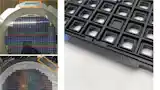 (图示说明)左图:搭载条形码标签的半导体晶圆及切割后的芯片阵列;右图:塑料芯片托盘搭载激光蚀刻零件识别码。