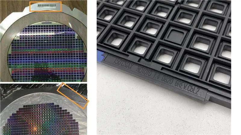 (图示说明)左图:搭载条形码标签的半导体晶圆及切割后的芯片阵列;右图:塑料芯片托盘搭载激光蚀刻零件识别码。